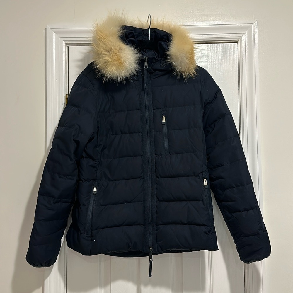 Hunter Real Fox Fur Down Short Winter Jacket Water Resistant EUC Navy Blue